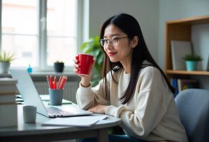 Mulher trabalhando em home office recebe cartão vale-alimentação da empresa