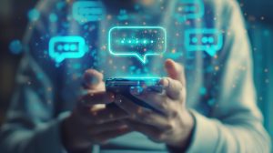 Homem segura celular com ilustrações de balões de diálogo