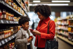mãe e filha fazem compras no supermercado com vale-alimentação