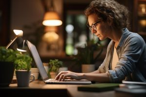 Mulher sentada trabalha com laptop calculando o valor do vale-alimentação