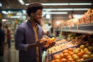 Homem em supermercado escolhe frutas para comprar