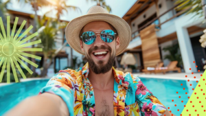 homem com óculos escuros e chapéu faz selfie sorridente com piscina ao fundo
