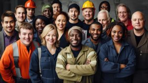 Colaboradores de diversos segmentos olham para a câmera sorridente. Eles têm uma boa alimentação garantida porque não há como sacar o vale-alimentação
