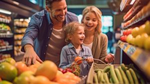 Família composta por homem, mulher e criança fazem compras no mercado e sabem que não há como sacar o vale-alimentação