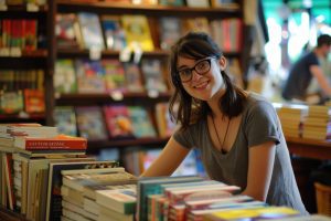 Moça sorridente numa livraria sabe como pagar conta com o TIcket Super Flex 