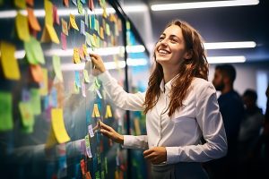 Mulher em frente ao painel com post-its de todas as áreas simbolizando uma visão holística da empresa