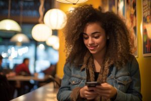 Jovem em restaurante usa o celular encostada em um balcão e aprende como usar o Ticket no iFood