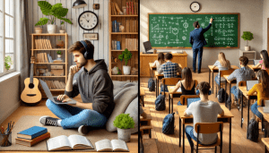 De um lado, um jovem na sala estudando sentado no chão de seu computador em formação continuada. Ao lado, uma sala de aula tradicional com alunos e professor
