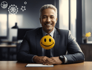 Homem sentado à mesa do escritório sorrindo com uma animação de smile em sua frente, na altura do peito, simbolizando a função do CHO