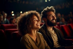 Mulher e sentados em plateia de teatro com cadeiras vermelhas sorriem olhando para frente