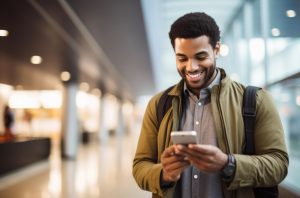 Homem em pé usa mochila e segura celular com as duas mãos