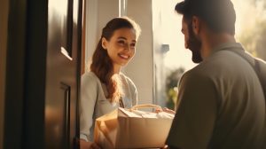 Mulher recebe entrega de delivery na porta