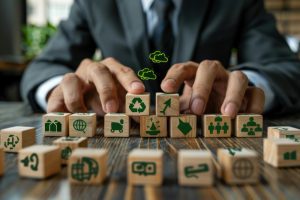 homem manipula cubos de madeira sobre uma mesa 