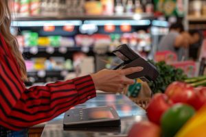 Mão feminina faz pagamento em maquininha no caixa do supermercado