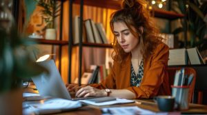 Mulher ao computador escreve carta de recomendação