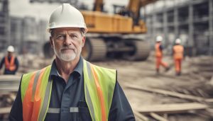 Homem com capacete e colete e obra ao fundo