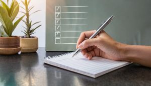 Uma mão escreve em bloco de notas à caneta com uma ilustração de checklist sobre ela 