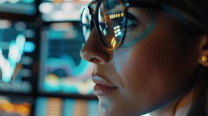 Close de mulher de perfil usando óculos