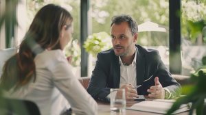 Homem e mulher conversam em restaurante