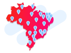 Mapa do Brasil com diversos PINs de geolocalização