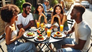 Cinco pessoas tomam café da manhã em ao ar livre