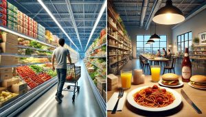 Do lado direito, ilustração de um restaurate e do lado esquerdo, ilustração de um supermercado