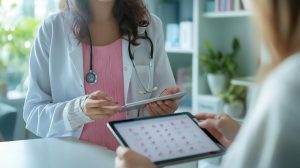  médica agenda consulta periódica de colaboradora que participa do PCMSO de sua empresa