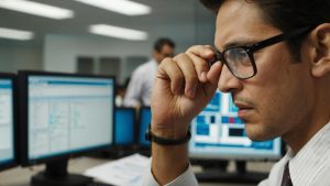 Homem trabalhando em projeções financeiras analisa dados em frente ao computador