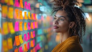  Mulher jovem olha para a parede repleta de post-its usados na metodologia design thinking