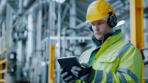 Homem usa tablet em meio às instalações industriais, mostrando a importância da tecnologia para SSMA