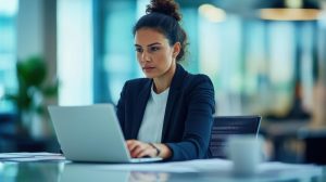Mulher no laptop analisa se deve implementar o HRIS na empresa ou outras ferramentas de RH