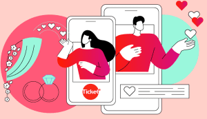Ilustração de homem e mulher dentro de celulares com corações simbolizando a licença casamento