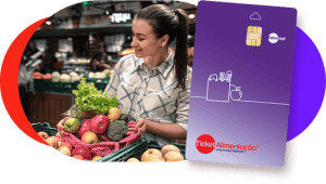  Arte com mulher fazendo compra e cartão Ticket Alimentação mostra qual melhor vale-alimentação