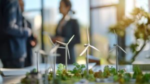 Maquete de energia eólica sobre a mesa e pessoas conversando ao fundo exemplificam o empreendedorismo ambiental e as características de um empreendedor
