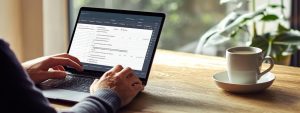 Homem digita em notebook um modelo de comprovante de pagamento 