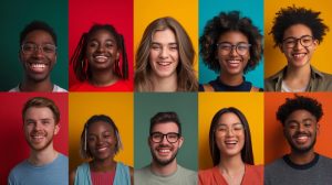 Mosaico composto por diversos rostos de jovens da geração y em fundos coloridos
