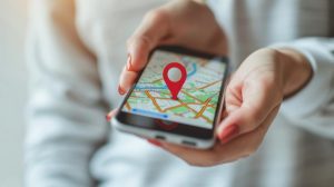 Mulher segura mapa com pin de geolocalização para localizar a clínica que realiza ASO