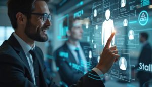  Homem interage com painel digital enquanto faz recrutamento inteligente em sua empresa