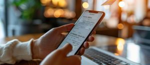 Pessoa com celular em mesa de trabalho observa comprovante de pagamento online