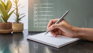 Mão segurando caneta sobre o caderno e ilustração de check list simboliza tópicos essenciais para a criação de um bom job description
