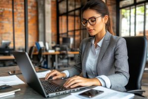  Mulher prepara um job description no seu notebook sobre a mesa de trabalho