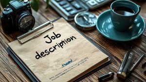 Prancheta com os dizeres “job description” sobre uma mesa com xícara de café, câmera, teclado e outros