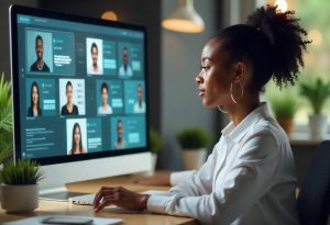 Jovem mulher negra procura profissionais em seu banco de talentos na cloud 