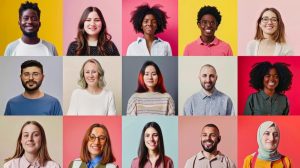  mosaico com diversas pessoas em fundos coloridos simbolizam os diversos tipos de personalidades identificados pelo teste de personalidade