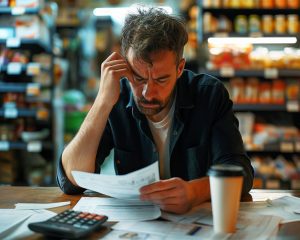 Comerciante olha para papel com expressão preocupada por ter enquadrado sua empresa incorretamente no CNAE