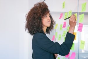 uma mulher com perfil planejador escrevendo e planejando as suas obrigações diárias
