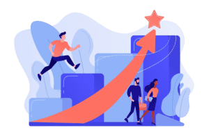 Ilustração de pessoas andando sobre gráficos de barra, simbolizando um roadmap de rh
