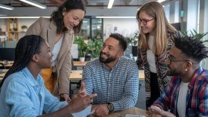 Pessoas conversam no trabalho demonstrando pontos negativos e positivos 