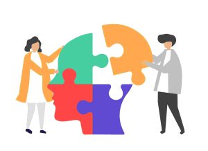 Ilustração de duas pessoas montando as peças de um quebra cabeça que forma um rosto simbolizando a neurodiversidade