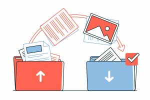 Ilustração de boleto de contribuição sindical saindo de uma caixa e se digitalizando 